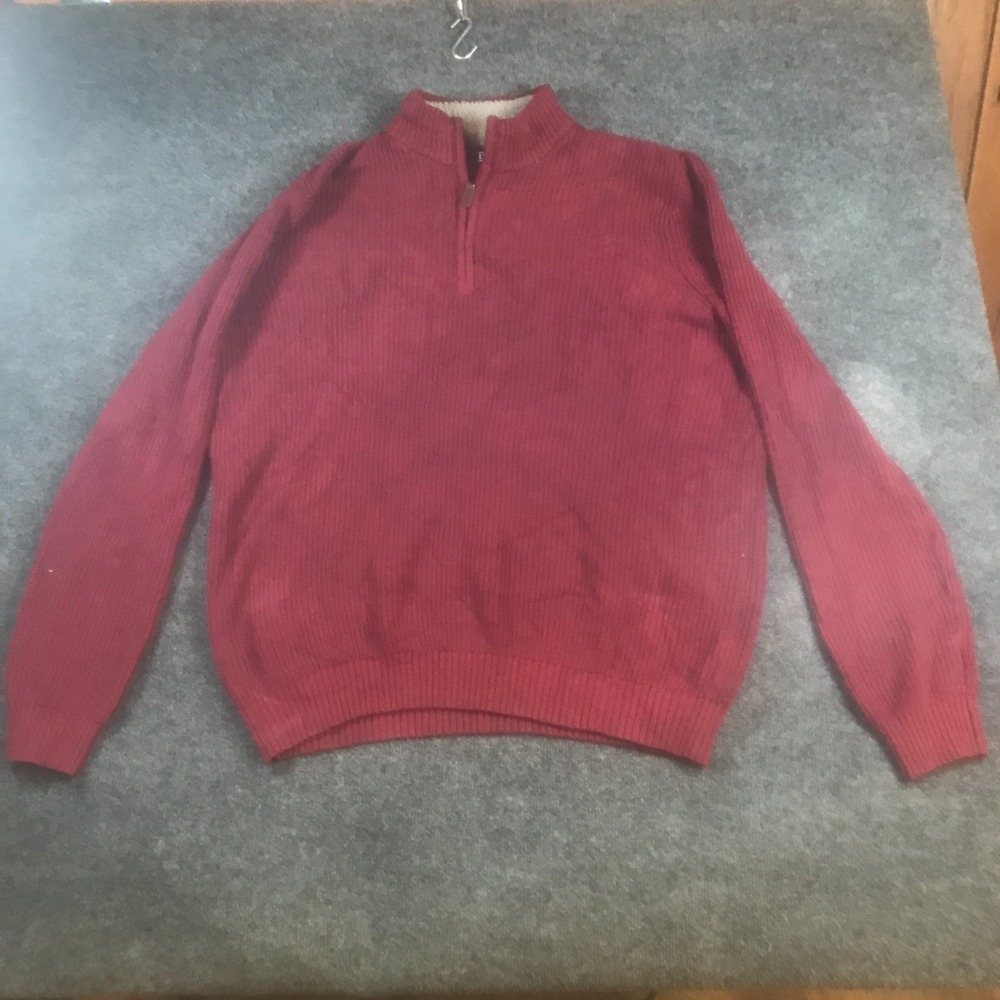 IZOD Sweater Mens 2XL Red Cotton Faux Fur Lined Tight Knit Mock Neck Quarter Zip